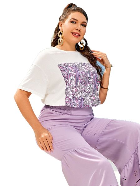 

plus paisley & floral print drop shoulder tee n82d#, Black