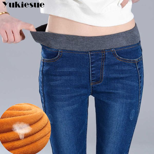 

winter skinny jeans denim slim pencil pants warm velvet high waist women pant stretch cotton denim trousers for woman 210608, Blue