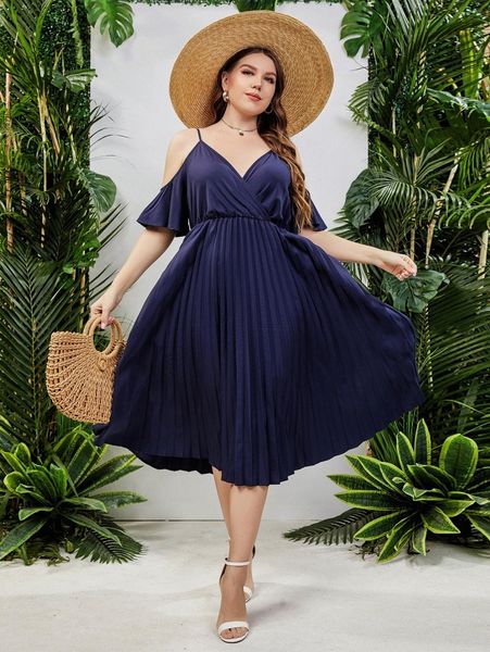 

plus cold shoulder pleated hem dress 976m#, Black