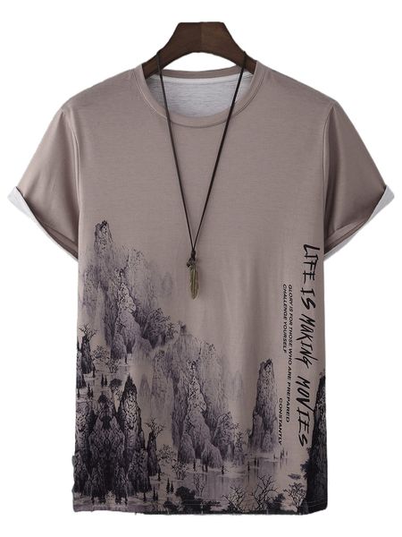 

men random mountain & slogan graphic tee n784#, White;black