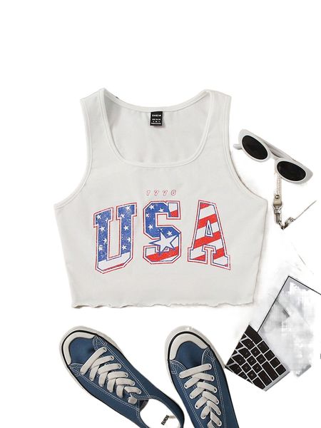 

letter & star print lettuce trim crop tank h84s#, White
