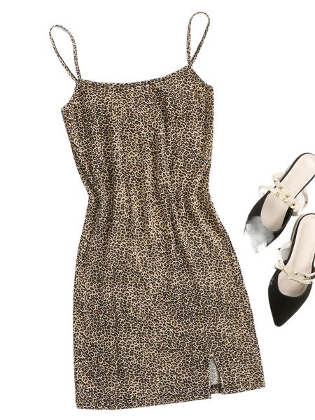 

split hem leopard slip dress b7h4#, Black;gray
