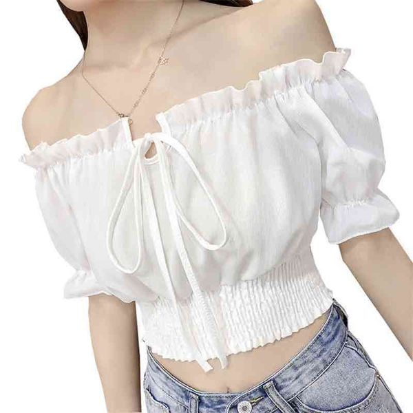 LJSXLS Weiße Chiffonbluse Hemdoberteile Bogen Kurzarm Sommeroberteile Damenblusen Slash Neck Casual Damen Damenhemden 210401