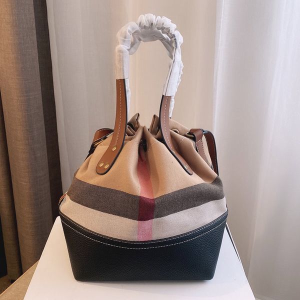 

women drawstring bucket bag fashion plaid shoulder crossbody canvas checkered composite bags leather handle linen handbag with zipper pocket