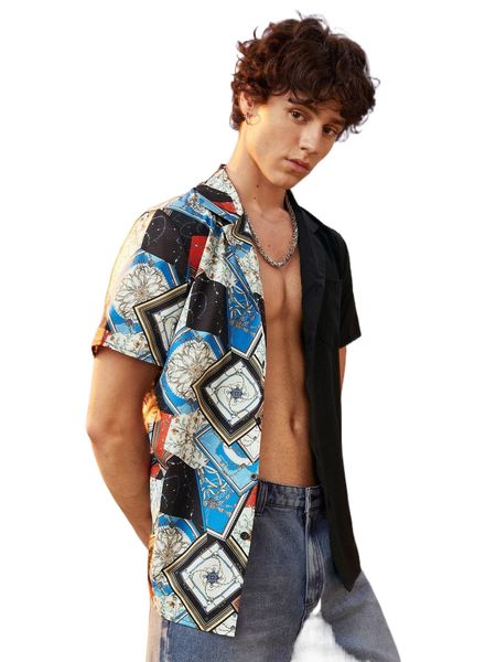 

romwe guys floral & geo print shirt v8de#, White;black