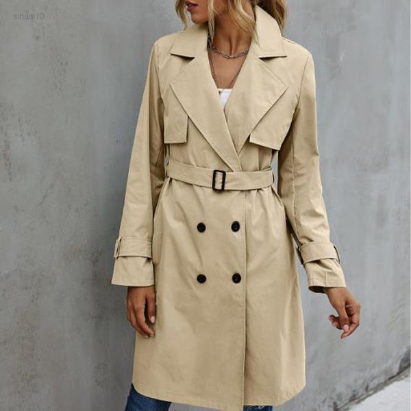 

women trench casual wind coat solid long sleeve lapel double-breasted oversized outwear with belt 2021 korean fashion streetwear l220725, Tan;black