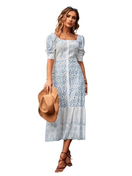 

floral print button front puff sleeve ruffle hem dress m54a#, Black;gray