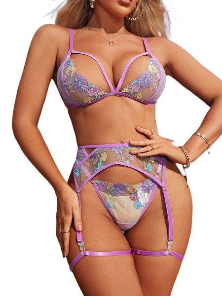 

5pack floral embroidery mesh garter lingerie set t5ua#, Black;red