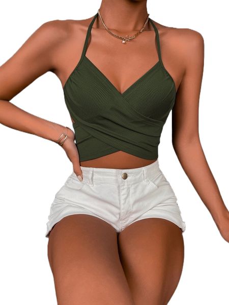 

wrap cross tied backless rib-knit halter r5wa#, White