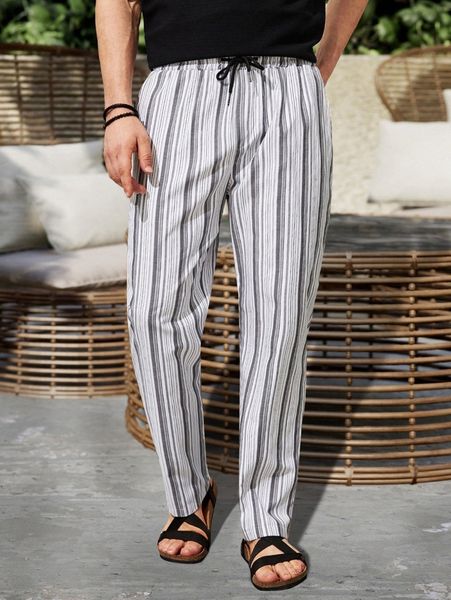 

men vertical striped drawstring waist pants i8sd#, Black