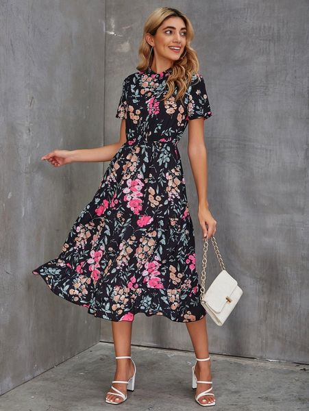 

mock neck floral print half button ruffle hem dress h46e#, Black;gray