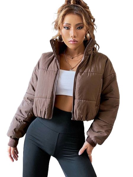 

slant pocket zipper drop shoulder crop puffer coat 10ct#, Black