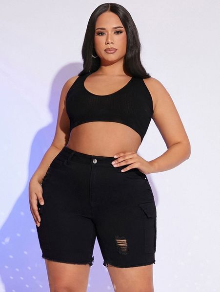 

plus high waist ripped raw hem denim shorts d5s1#, White;black
