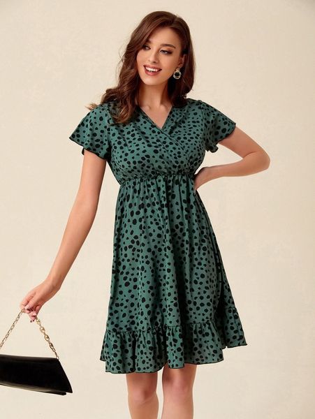 

dalmatian print butterfly sleeve ruffle hem chiffon dress 41xs#, Black;gray