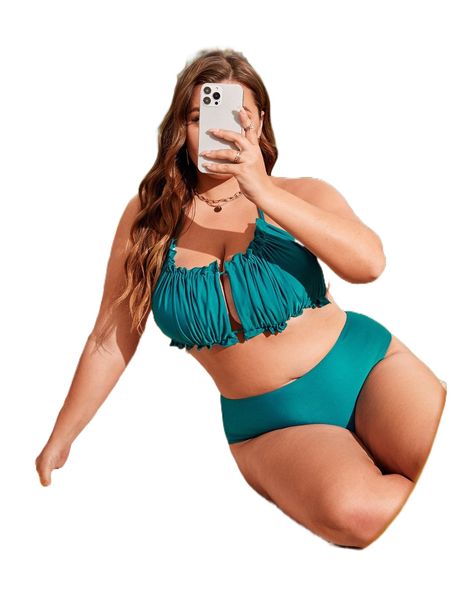 

plus ruched frilled halter high waist bikini swimsuit 31x9#, White;black