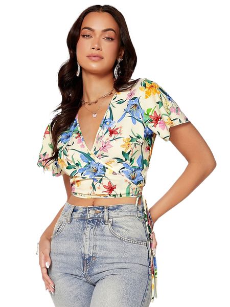

floral print knot side crop blouse t64z#, White