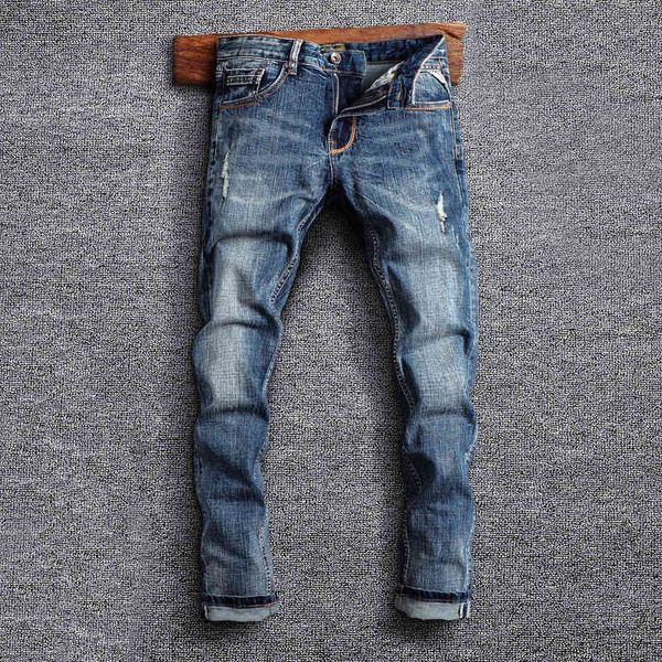 

men's jeans fashionable men's jeans worn blue washed broken holes street fashion micro elastic slim fitting men ilv6