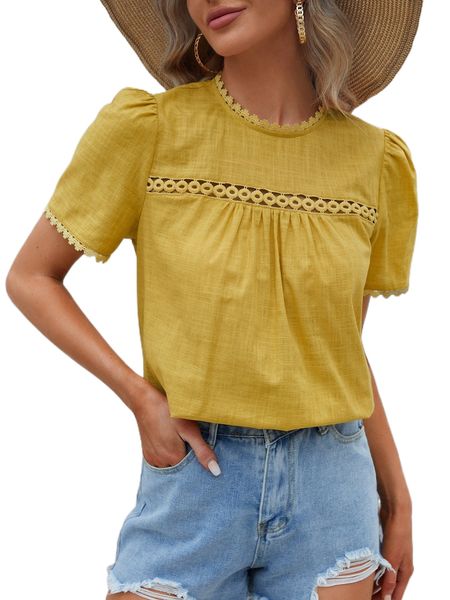 

guipure lace panel puff sleeve blouse o2zi#, White