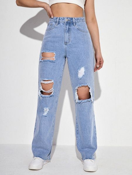 

high waist ripped straight leg jeans e0uo#, Blue