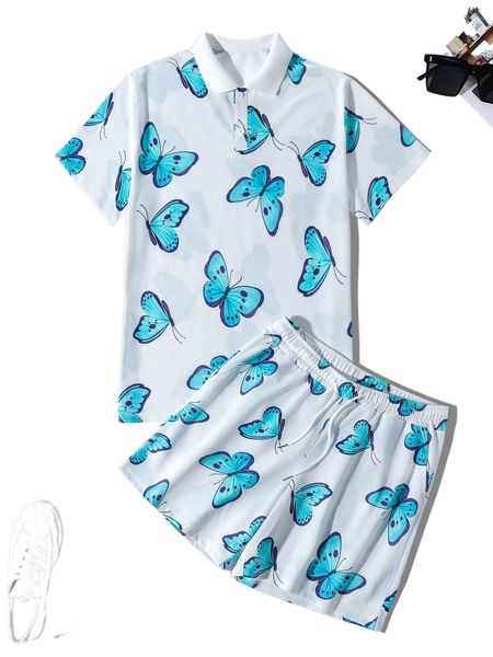 

men butterfly print polo shirt & shorts i3sl#, Gray