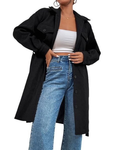 

flap pocket drop shoulder belted overcoat s627#, Black