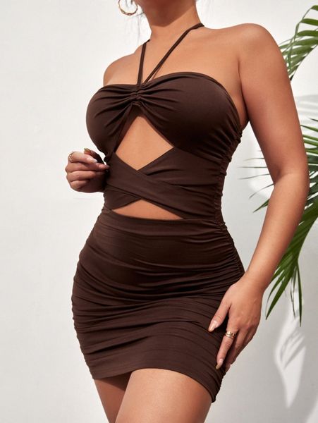 

petite cut out ruched tie back bodycon dress u55d#, Black;gray