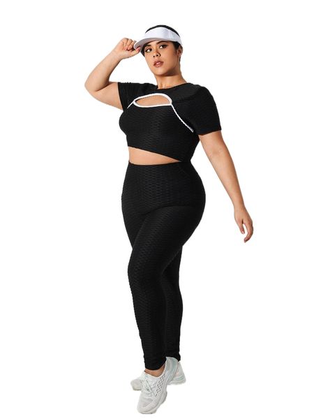 

plus contrast binding cut out sports set h72q#, Black