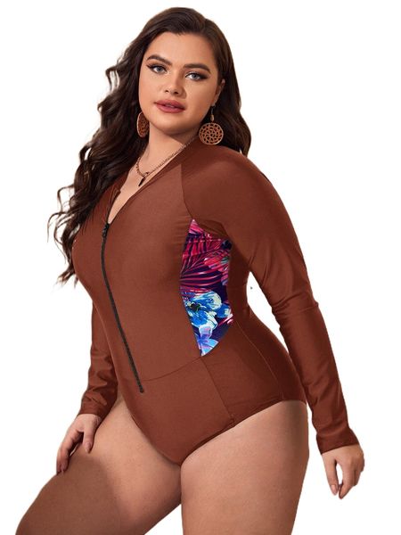 

plus tropical panel half zip raglan sleeve one piece swimsuit 27va#, White;black