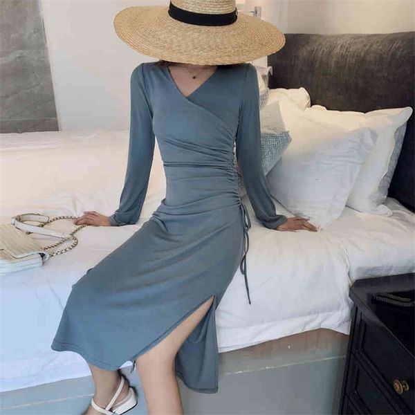 

early autumn women's slim high-waisted waist split long skirt knitted temperament v-neck long-sleeved dress 210412, Black;gray