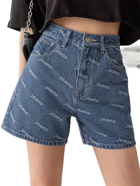 

dazy letter graphic high waist denim shorts i717#, White;black