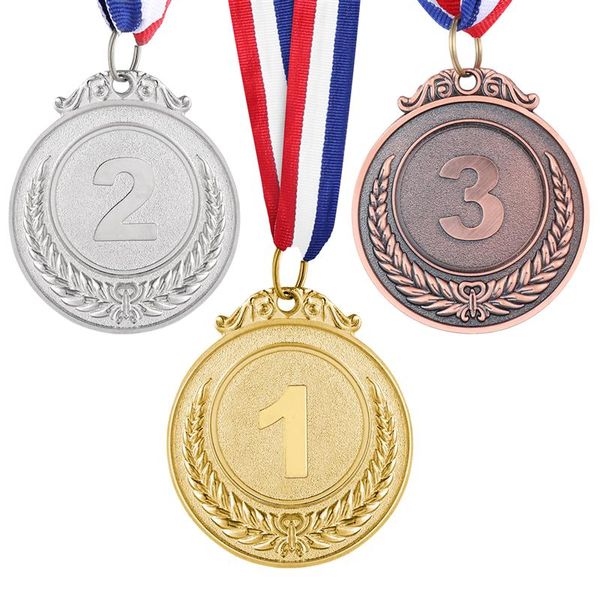 Medaglie premio in metallo 3 pezzi con nastro al collo in stile oro argento bronzo per accademici sportivi o qualsiasi diametro di competizione