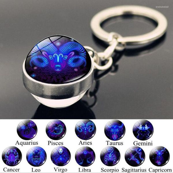 Portachiavi WG 1pc 12 Constellation Cabochon Keychain Crystal Glass Double-sided Portachiavi a sfera per gioielli da donna Enek22