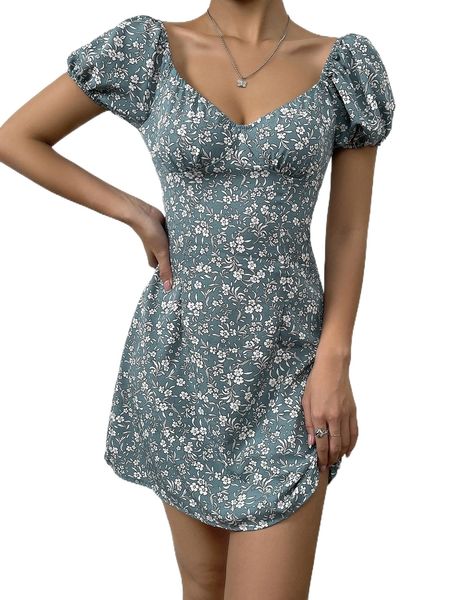 

ditsy floral print puff sleeve dress h1m5#, Black;gray