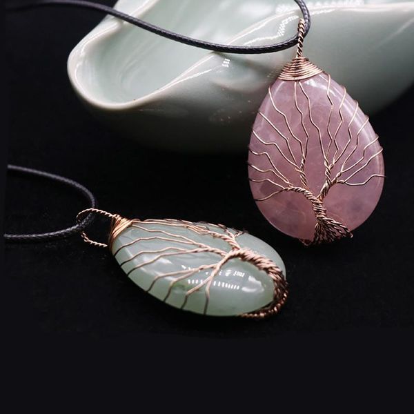 Anhänger Halsketten Natürliche Kristallstein Halskette Wire Wrap Baum des Lebens Wassertropfen Amethyste Quarz Lila Opal Suspension HeilungAnhänger