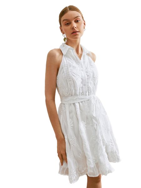 

eyelet embroidery button front belted dress v18f#, Black;gray