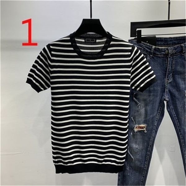 

short-sleeved t-shirt men's ice silk stripe embroidery tight-fitting brand breathable knitted t-shirt 210329, White;black