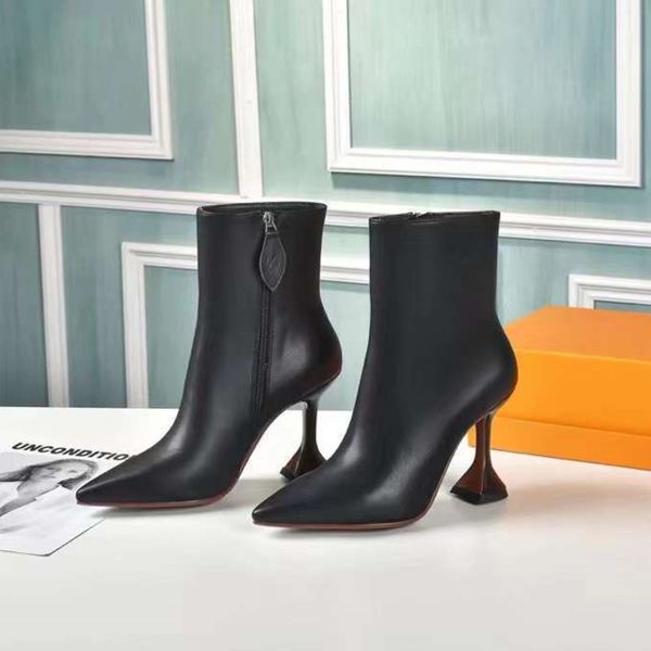 

women designer boots pointed-toe leather boots ankle boots cubic heel pointed toes side zip size us4-11 with box no388, Black