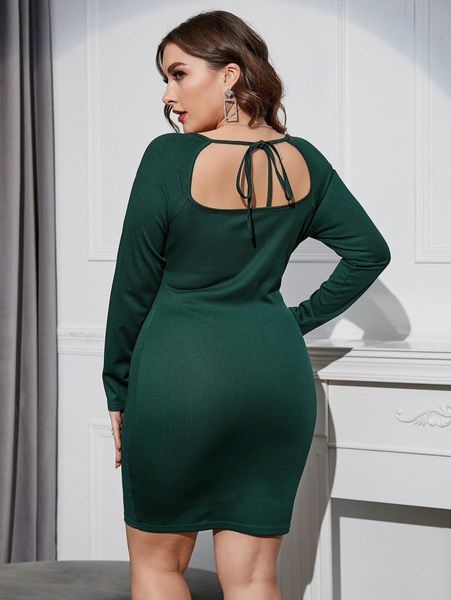 

plus tie back raglan sleeve bodycon dress w76e#, Black