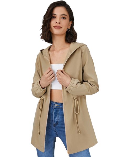 

solid drawstring waist zipper front hooded coat s3si#, Black