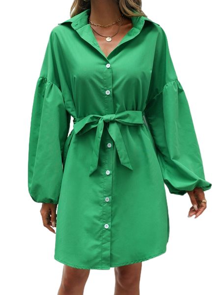 

lantern sleeve belted shirt dress w5ud#, Black;gray
