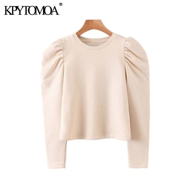 

vintage stylish basic solid sweatshirts women fashion o neck puff sleeve female pullovers chic y200610, Black