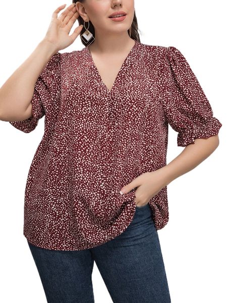

plus allover print puff sleeve blouse s0xy#, Black