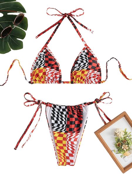 

plaid halter triangle bikini swimsuit y8uo#, White;black