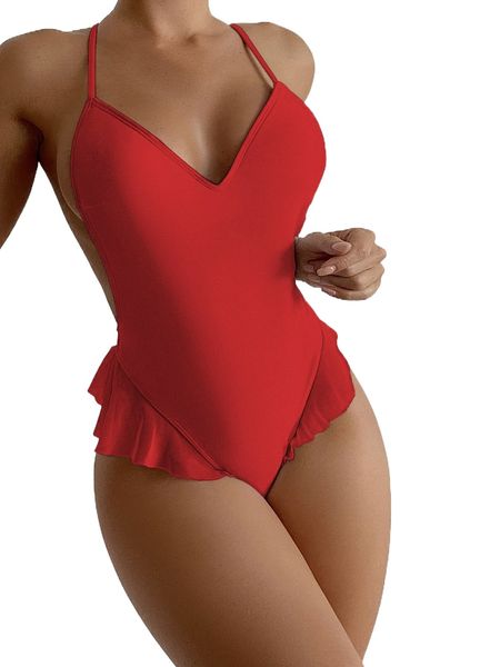 

frill trim criss cross bow one piece swimsuit r6no#, White;black