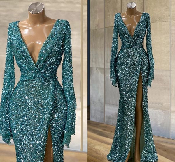 

blue glitter sequins mermaid prom dresses long sleeves deep v neck front slit party night vestidos de noite prom gowns, Black