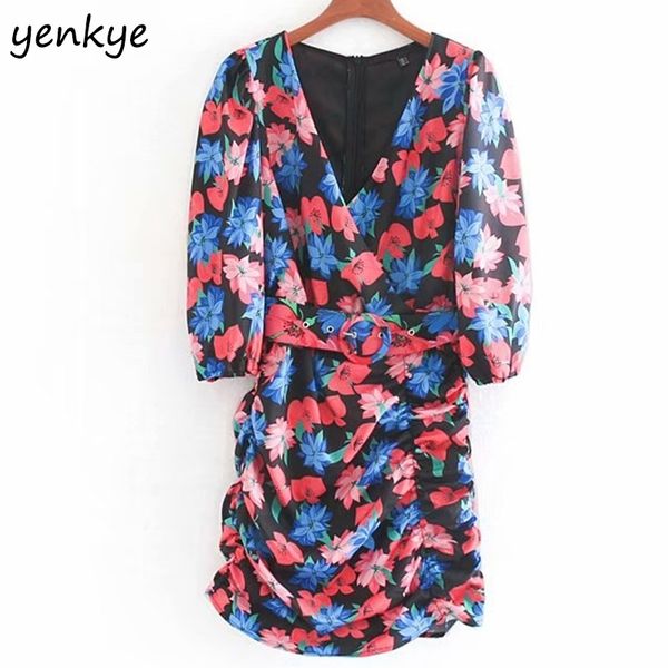 

modi vintage floral print draped bodycon mini dress female v neck threequarter sleeve with belt summer dress y200418, Black;pink