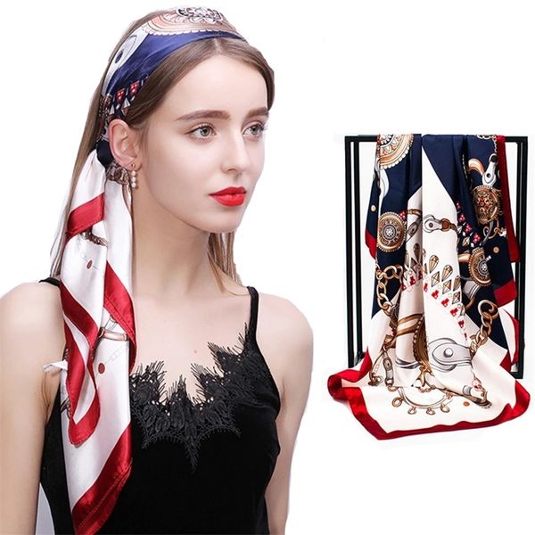 

printed silk scarves women luxury brand shawls 90cm bandana female foulard satin scarf square head hijab scarfs for ladies 220704, Blue;gray