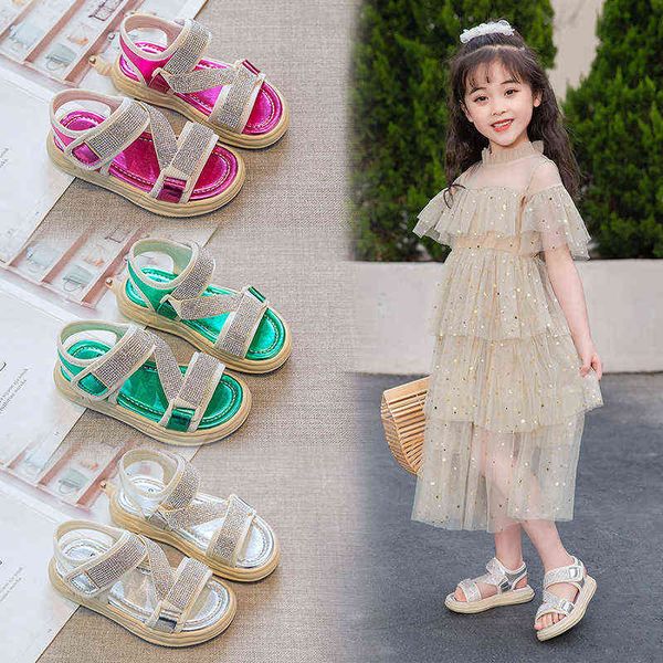 

toddler girls sandals 2022 summer students breathable dazzle color rhinestone beach sports sandals thick bottom princess shoes g220512, Black;red