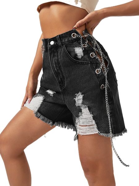 

chain lace up side raw hem denim shorts n77r#, White;black