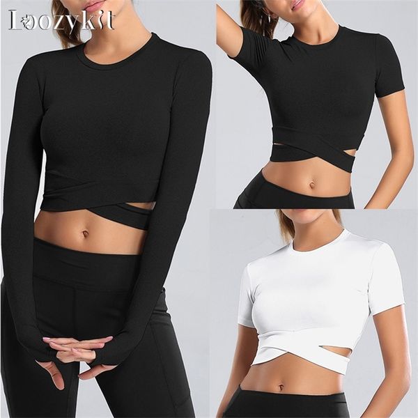 

crop women yoga tshirts solid sports long sleeve running shirts exposed navel quick dry fitness gym sport wear 220812